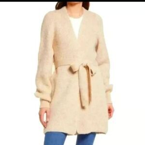NWT Topshop Wool Blend Cream Belted Balloon Sleeve Wrap Cardigan Size S